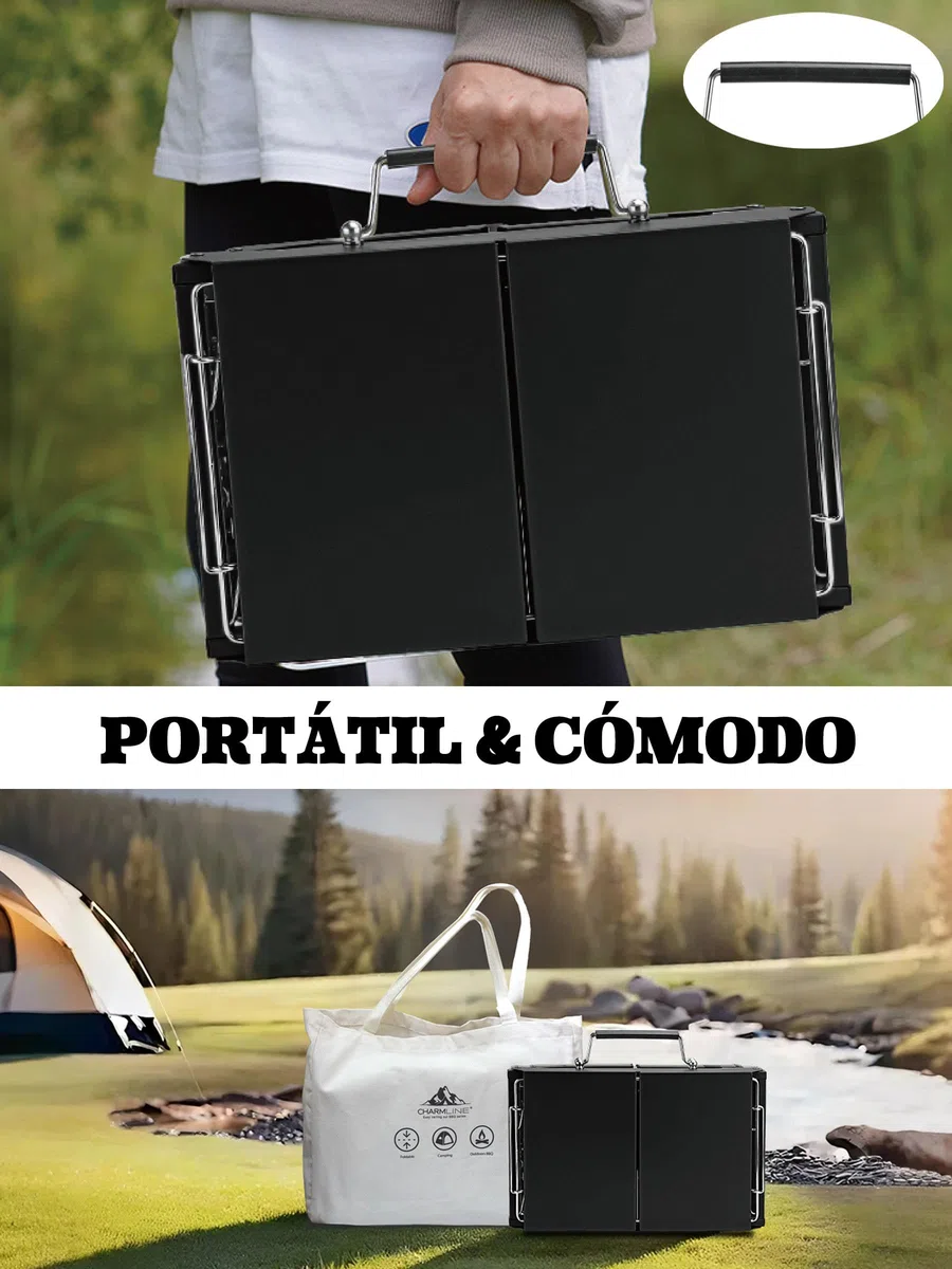 Charmline 39 * 27 cm Barbacoa de Carbón para Camping, Picnic, Jardín y Playa, Pequeña Barbacoa de Carbón Portátil Plegable para 2-4 Personas, BBQ Portátil para Uso en Exteriores, Negro