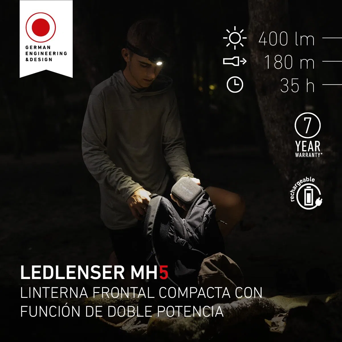 Ledlenser MH5 - Linterna frontal LED recargable de exterior, potente y superbrillante con 400 lm, 2 en 1 linterna frontal/de mano, para correr o senderismo, 35 h de autonomía