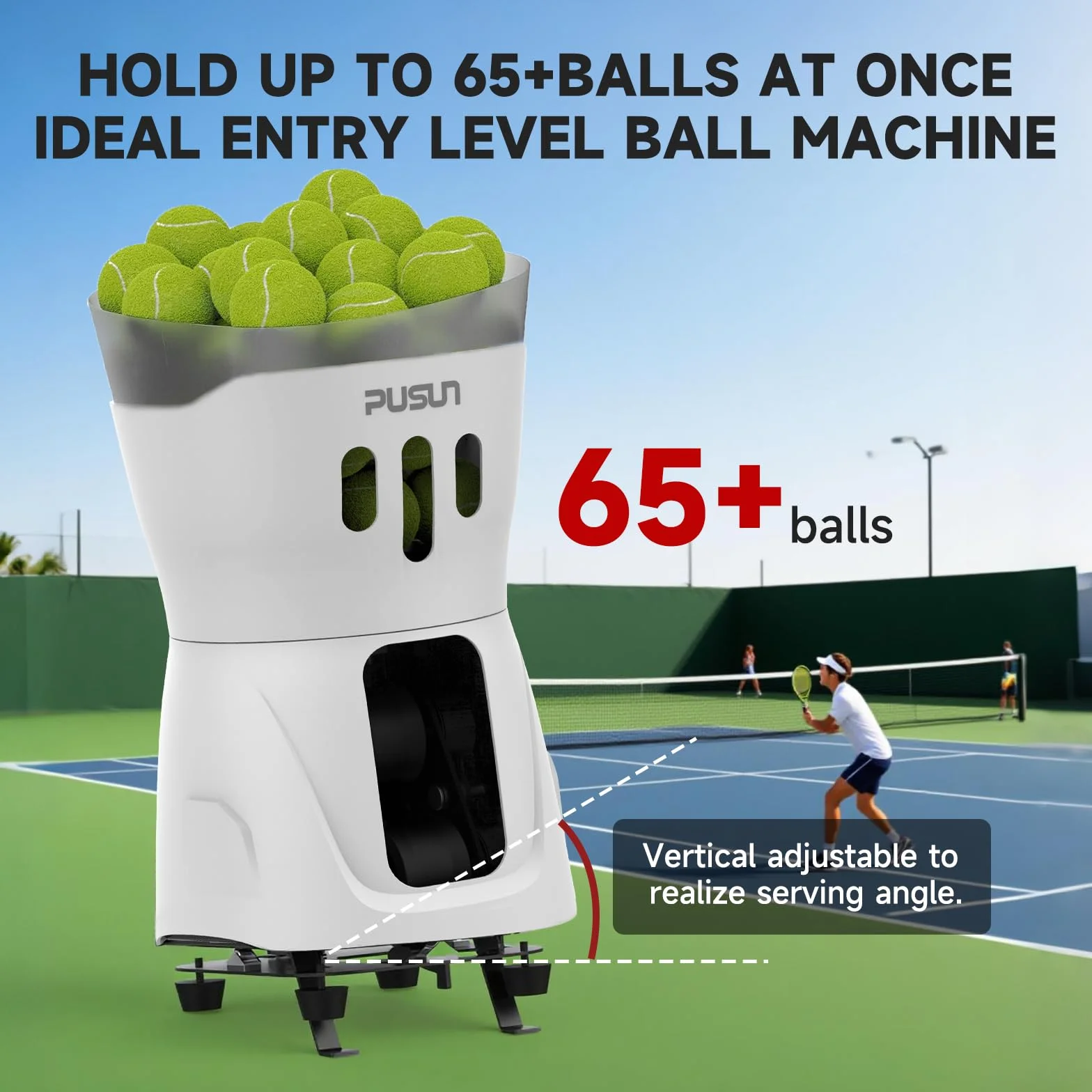 PUSUN PT-Mini Pro - Máquina de pelotas de tenis con control remoto Smart App Control, velocidad/rotación ajustable/frecuencia para principiantes, capacidad de 65+pelotas, duración de la batería 3-5