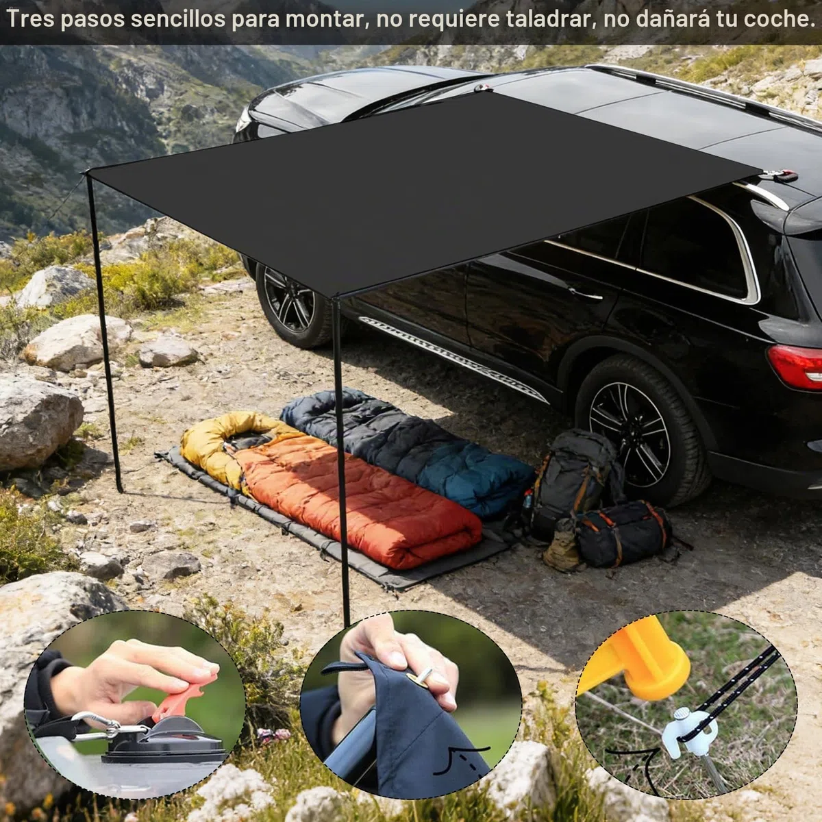 Kit de Toldos para Coche 200x300cm, con 2 Postes, 8 Cuerdas de Amarre, 8 Estacas, 2 Ventosas, Bolsa de Almacenaje y Saco de Transporte, UPF50+, PU3000+ Impermeable, para Aventuras Off-Road (Negro)