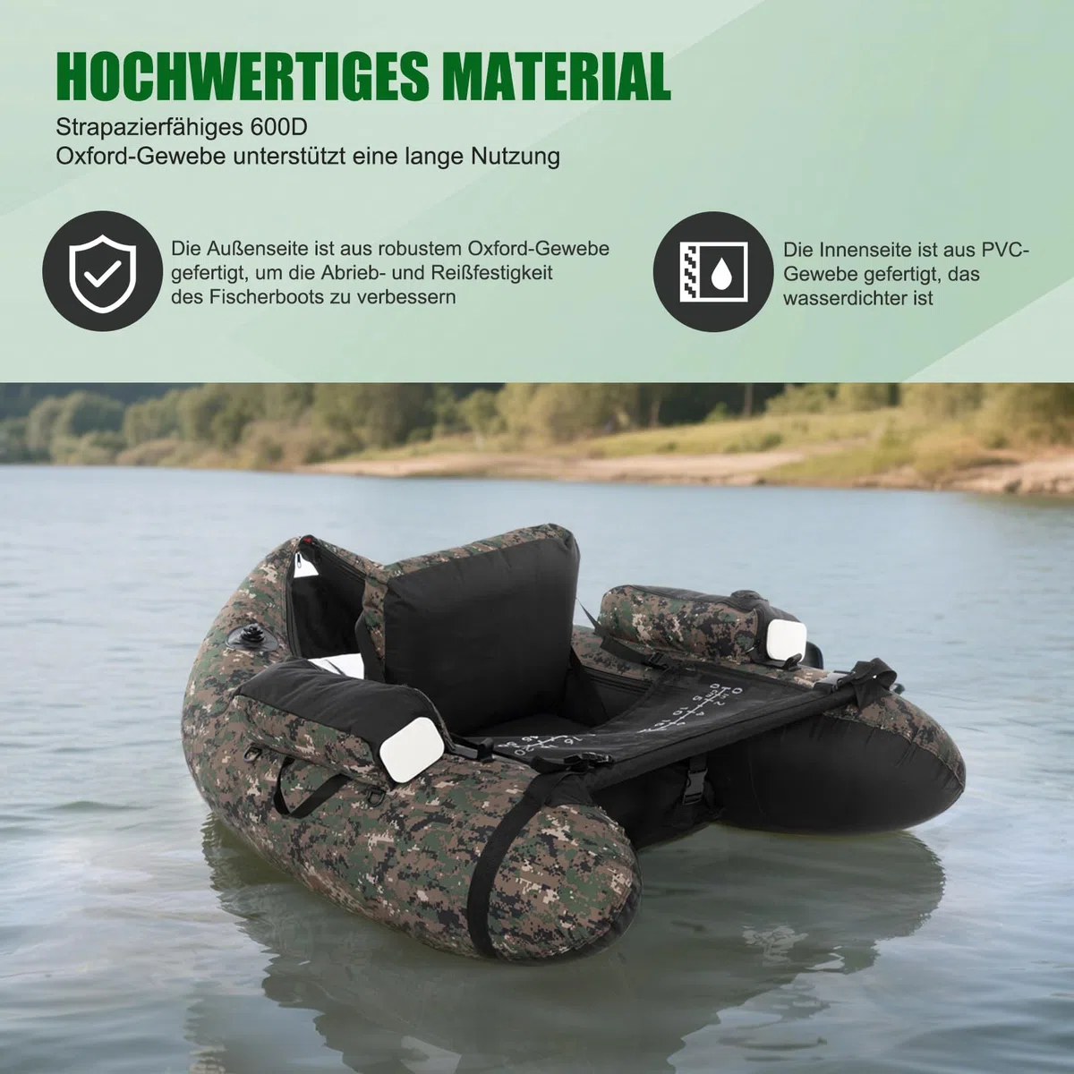 LEADZM Camuflaje - Barco inflable con bomba, barco de pesca con soporte para caña de pescar, correas ajustables, bolsa de almacenamiento, capacidad de carga 150 kg