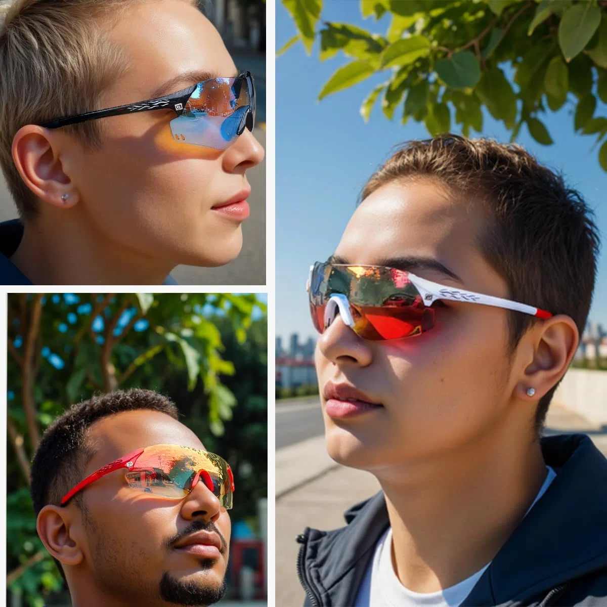 PAIS Gafas de sol fotocromáticas para correr para hombres y mujeres, sin marco, deportivas, para pesca, montañismo, camping, ciclismo, senderismo, Marco blanco con lentes de espejo rojo