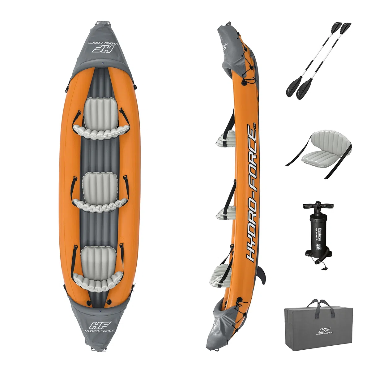Bestway Kayak Hydro-Force Rapid X3 | Juego de Barco Inflable con Bomba de Mano, paletas, Asientos, Aletas y Bolsa de Almacenamiento | Tres plazas