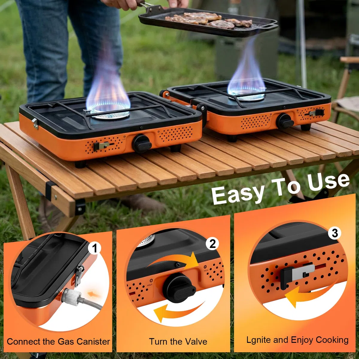 Hornillo portátil de 2 quemadores, 4400 W, potente hornillo de gas para cocinar al aire libre, estufa de camping plegable con encendido para mochileros, picnics, viajes