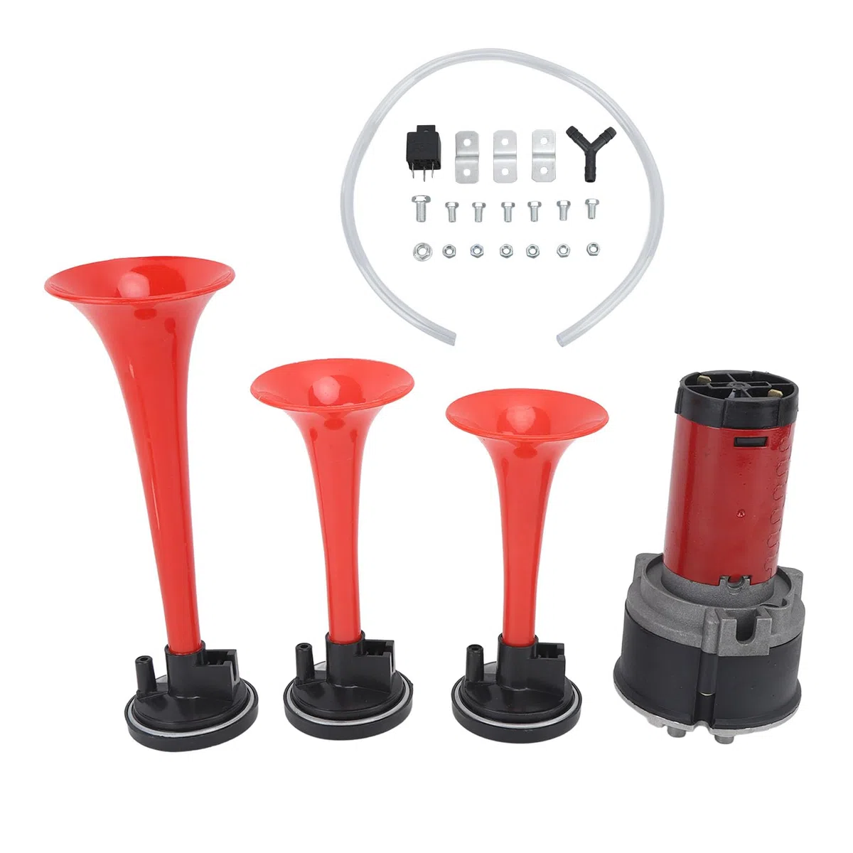 Bocina de Aire Musical 3 Trompeta 125dB Sonido Fuerte La Cucaracha 12V Resistente con Compresor de Aire y Manguera para Camión Tren Barco Coche