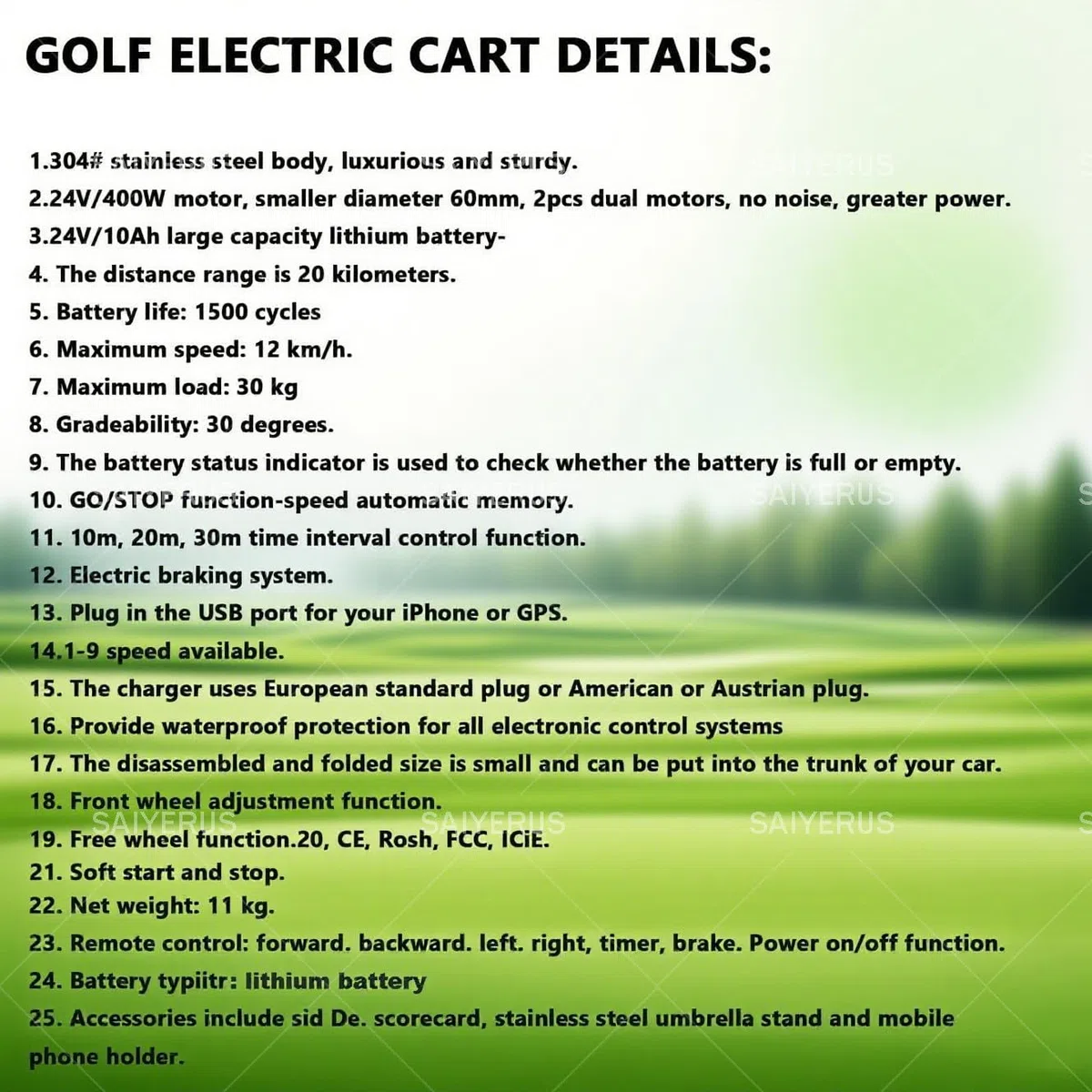 Carrito de Golf Eléctrico con Control Remoto, Ultraligero de Acero Inoxidable, Batería de Litio Recargable, Accesorios Completos, Incluye Bolsa de Transporte y Funda para Lluvia