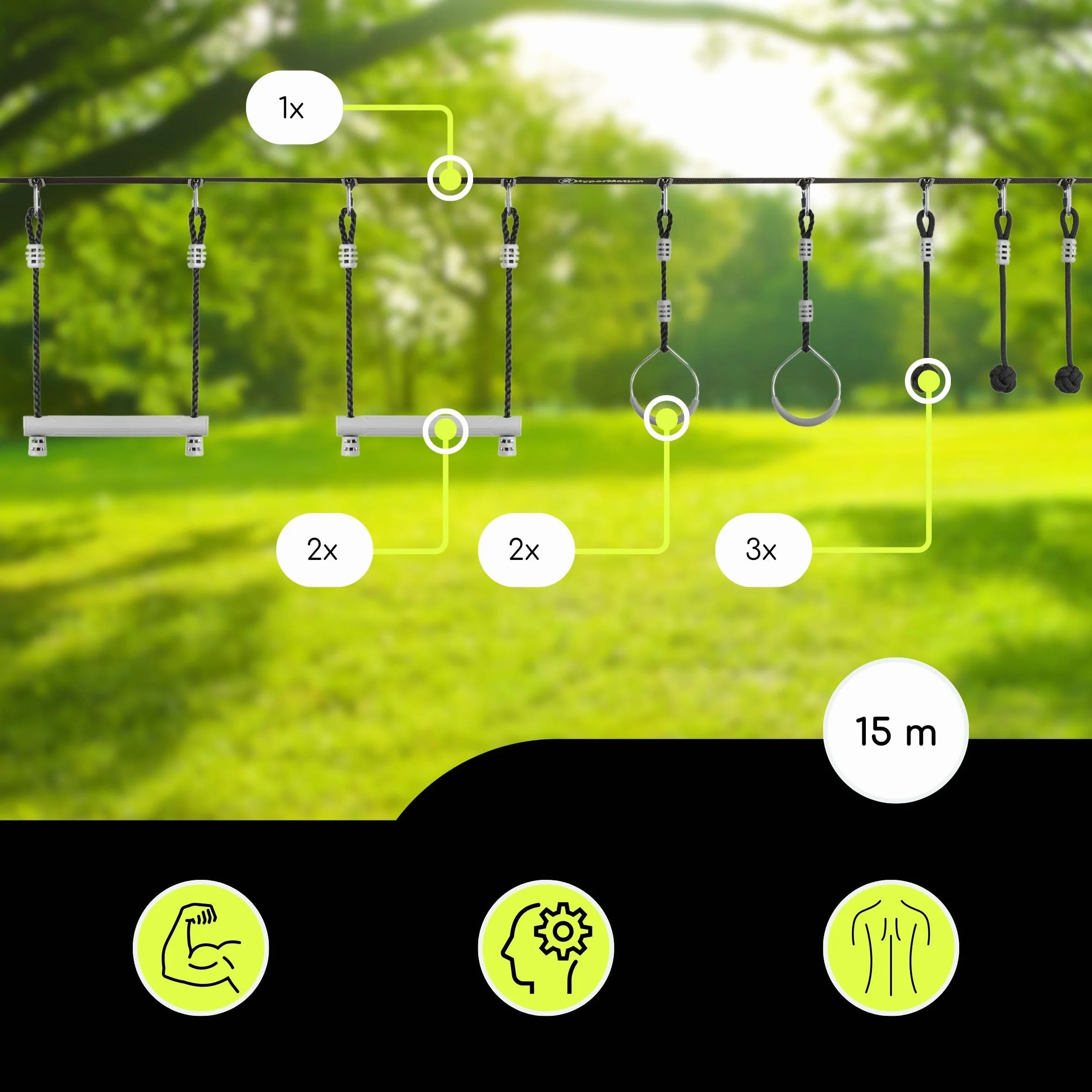 HyperMotion Juego de trayectoria de obstáculos Ninja para niños - 7 obstáculos con ruedas de mono puños y varillas - capacidad de carga hasta 113 kg - para jardín - juego de movimiento al aire libre