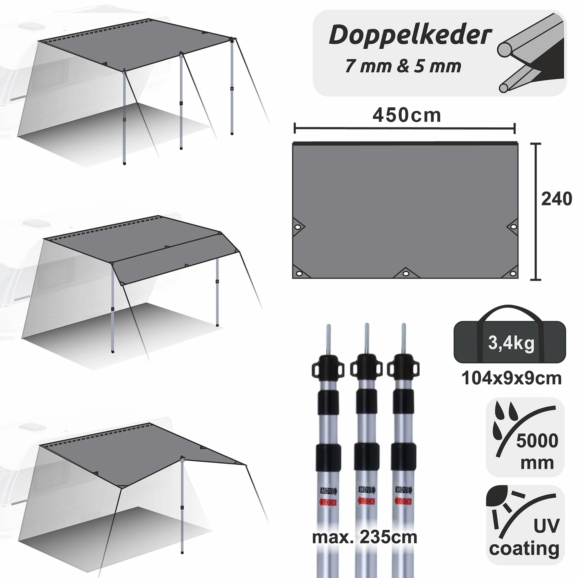 your GEAR Toldo para caravana, 4,5 x 2,4 m, incluye barras de apoyo, resistente al agua, 5000 mm