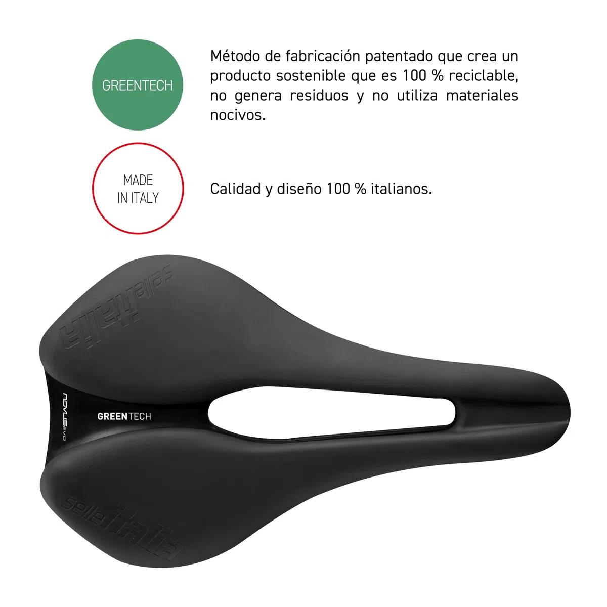 Selle Italia Novus Boost EVO Sport Greentech – Sillín de Ciclismo Ecológico de Gel con Agujero Superflow y Rail de Acero al Carbono – Talla L3, Negro