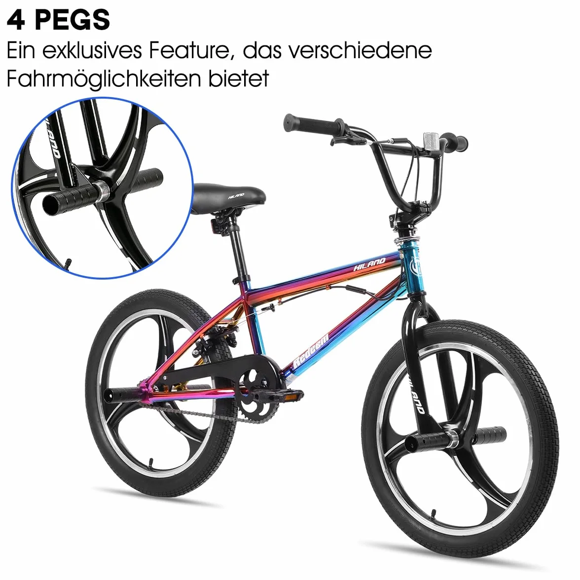 Hiland Bicicleta BMX Infantil de 20 Pulgadas,3 radios,para niños y niñas a Partir de 7 años,Rotor de 360 Grados,Estilo Libre,4 Clavijas de Velocidad única para niños BMX,Colorido