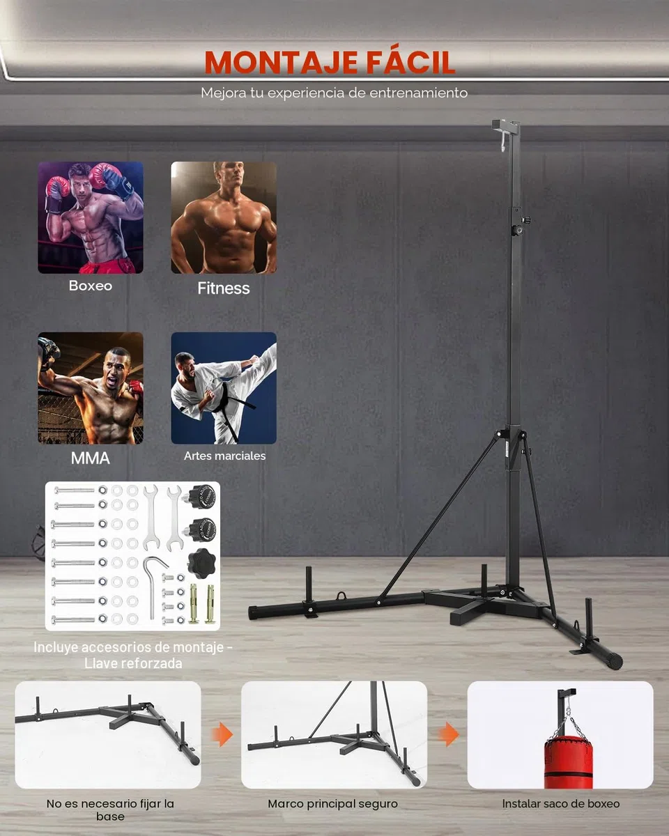 VEVOR Soporte para Saco de Boxeo con Marco de Acero Soporta hasta 65 kg Soporte a Saco de Arena Independiente con Base con Peso Equipo de Entrenamiento para Gimnasio en Casa, 118 x 118 x 232 cm