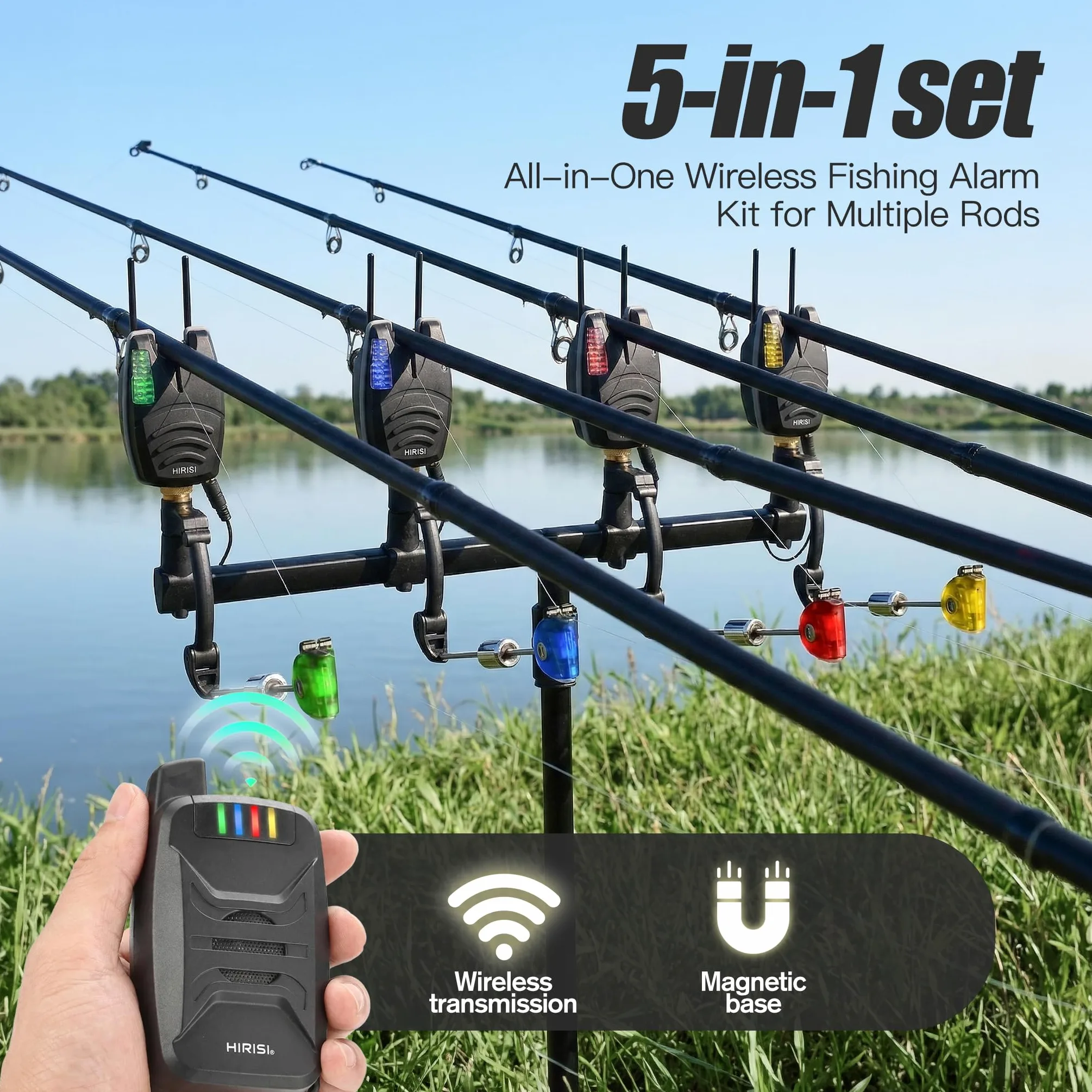Hirisi Tackle Juego de Alarma inalámbrica Impermeable para Pesca de Carpas con Barra de Oreja de 200 m