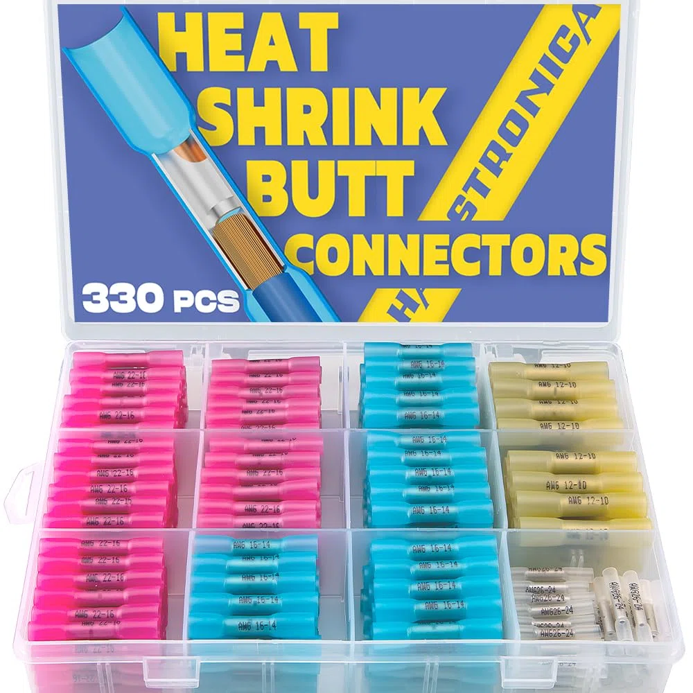 Conectores termorretráctiles Haisstronica de 330 piezas: kit de conectores de cable de crimpado eléctrico a prueba de agua de grado marino, cobre rojo estañado