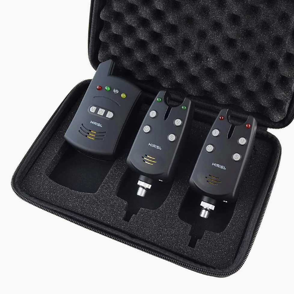 Hirisi Tackle B1235S - Kit de alarma de picada (1 + 2 unidades, funda de transporte, volumen y sensibilidad)