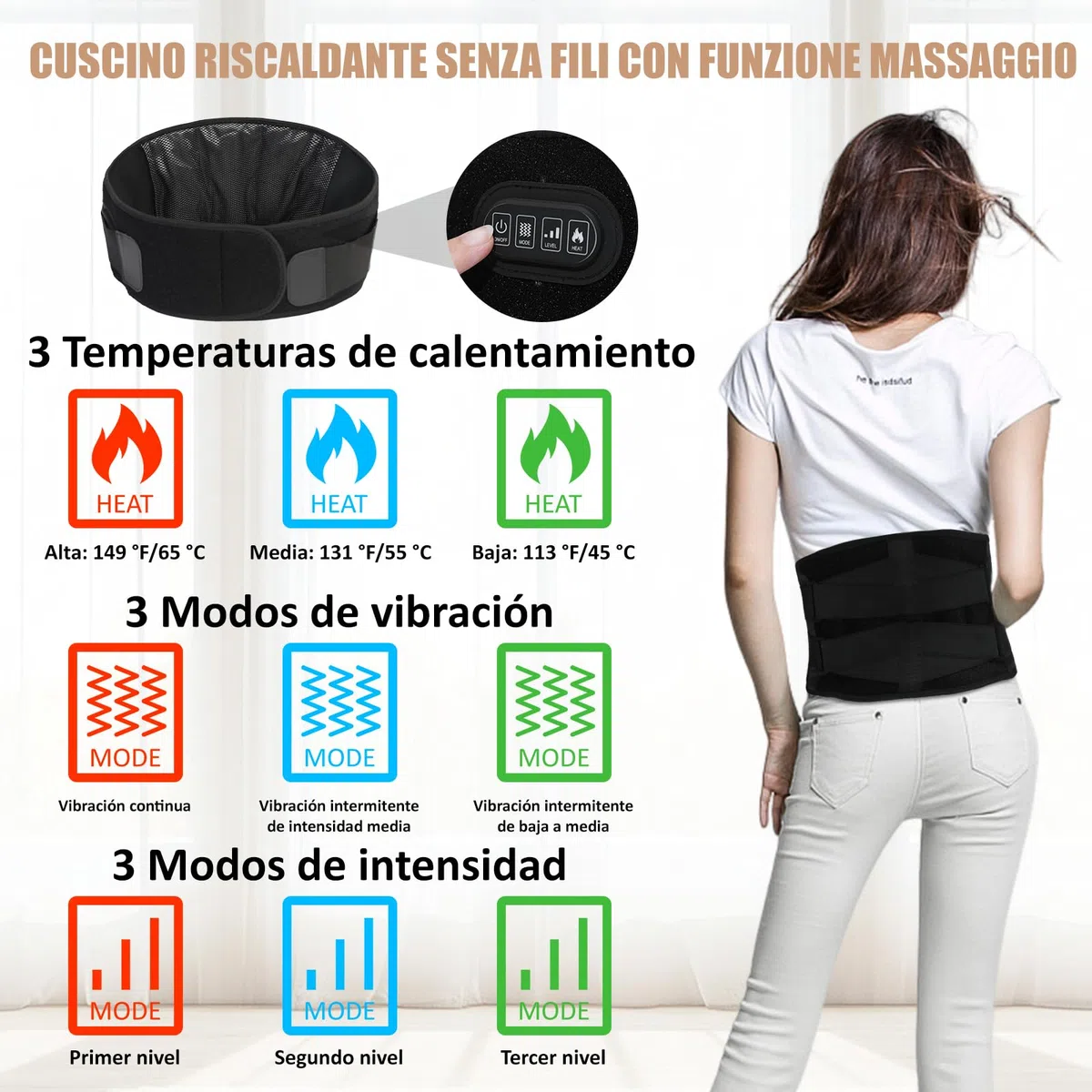 Cinturón térmico de masaje para el dolor de espalda con batería de 10000 mAh, correa ajustable de 150 cm, vibración, 3 modos y 3 intensidades, temporizador