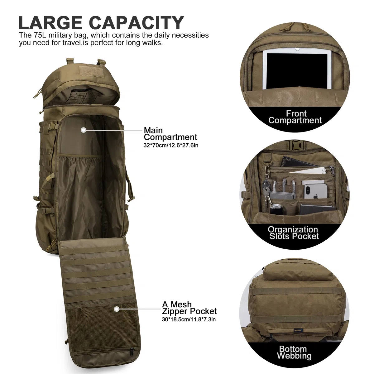 Mardingtop 75L Mochila Táctica Mochila Trekking Montaña con Cubierta de Lluvia, MOLLE Sistema de Senderismo Mochila de Gran Capacidad Mochila al aire libre para Trekking, Senderismo y Camping