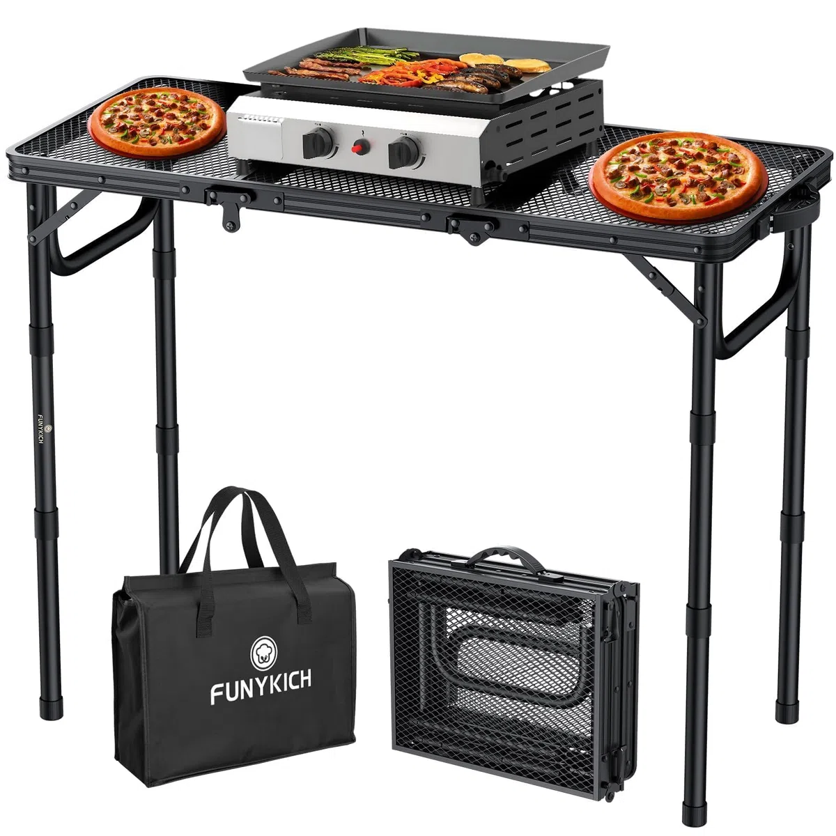 FUNYKICH Mesa Plegable Portátil para Barbacoa 87x40cm, Mesa Plegable Camping Alturas Ajustables (26/48/70cm), Superficie de Malla Aluminio Impermeable, Montaje Rápido, para Camping, Jardín y Fiestas