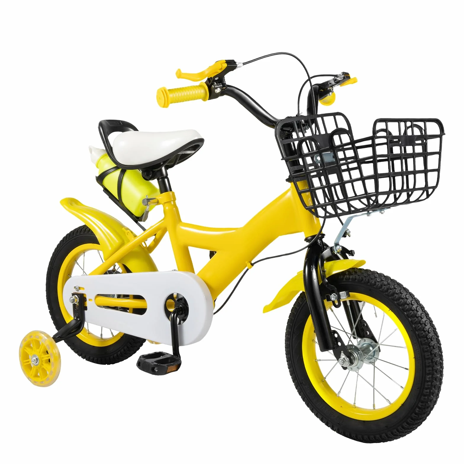 Bicicleta infantil de 12 pulgadas con ruedas estabilizadoras, bicicleta amarilla para niños y niñas a partir de 3 – 6 años, altura regulable, doble freno, marco de acero, con cesta y portaequipajes