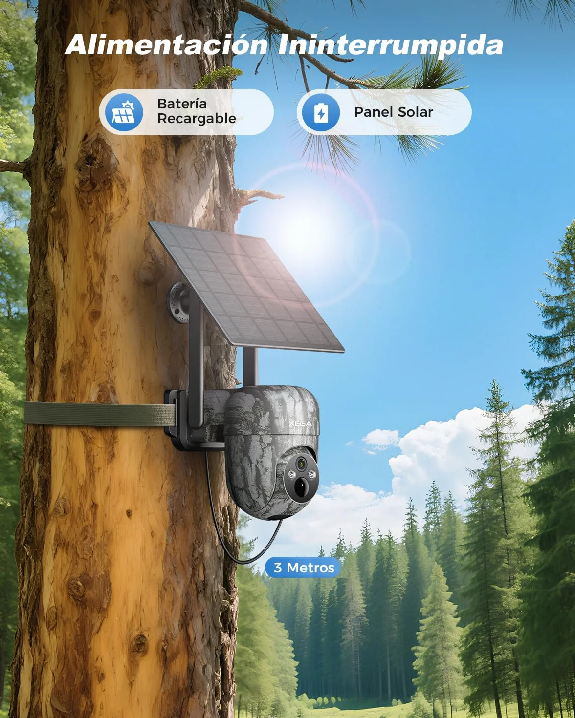 Xega 4G Camara De Caza Solar con Tarjeta SIM, 2K 3MP Exterior Fototrampeo Inalámbrica PTZ con Visión Nocturna Detección Personalizada Proyector/Sirena Alertas en App y Almacenamiento TF/Nube(Sin WiFi)