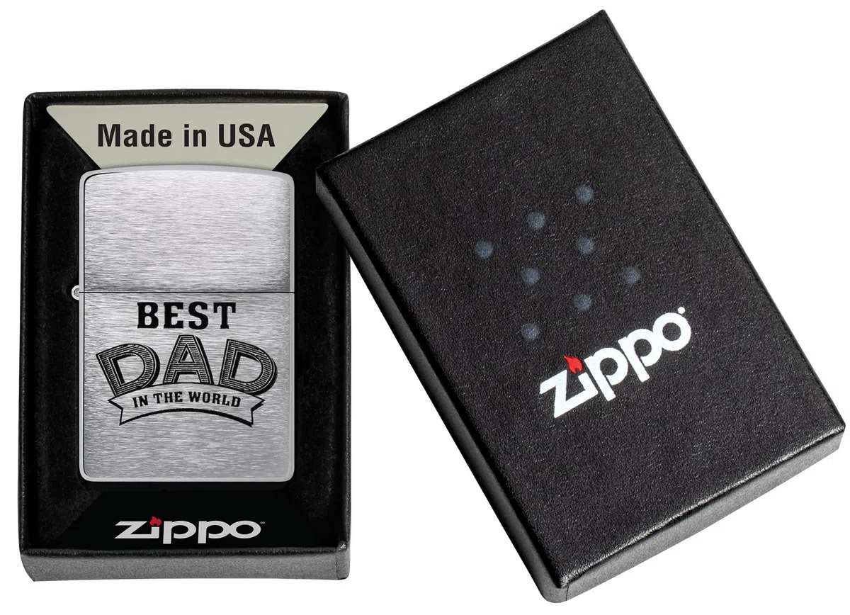Zippo Encendedor a Prueba de Viento - Best Dad - Acabado Cromo Cepillado, Inscripción a Color - Recargable - Reutilizable - Diseño a Prueba de Viento - Caja de Regalo - Hecho en EEUU