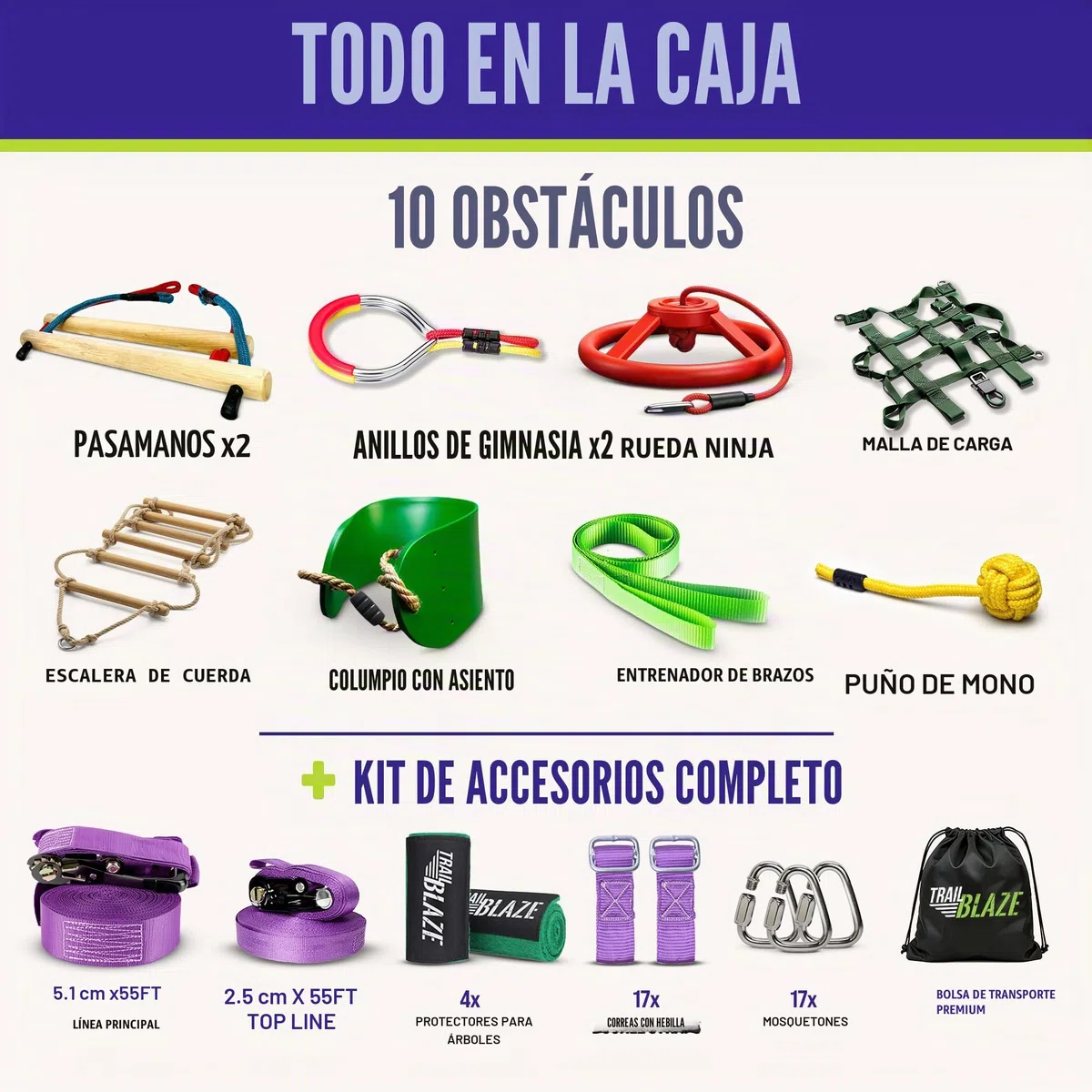 Trailblaze Slackline Ninja Warrior Obstacle Course para niños, 15 m Ninja Slack Line Anillos de gimnasio, barras de mono, protectores de árboles, diversión perfecta al aire libre para niños