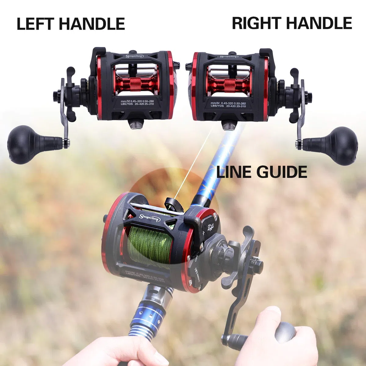 Sougayilang Trolling Reel Level Wind Conventional Reel Graphite Body Fishing Reel, Durable Stainless-Steel, Large Line Capacity