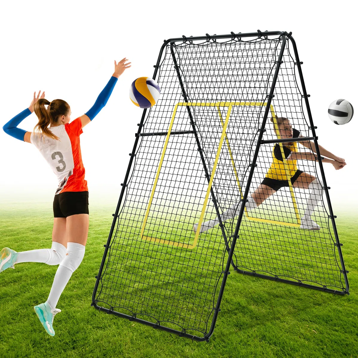 Jolitac Red de rebote de voleibol de doble cara, dispositivo de entrenamiento con zona de impacto, red de rebote doble para voleibol, fútbol, béisbol, lacrosse, tenis, 213 x 122 cm