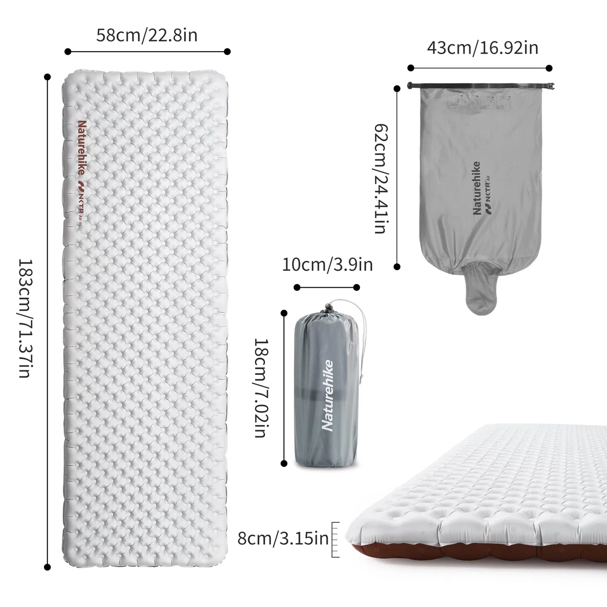 Naturehike Colchoneta térmica 5,8 R-valor para camping, de 4 estaciones, ultraligera, autoinflable, colchón de aire duradero con bolsa inflable