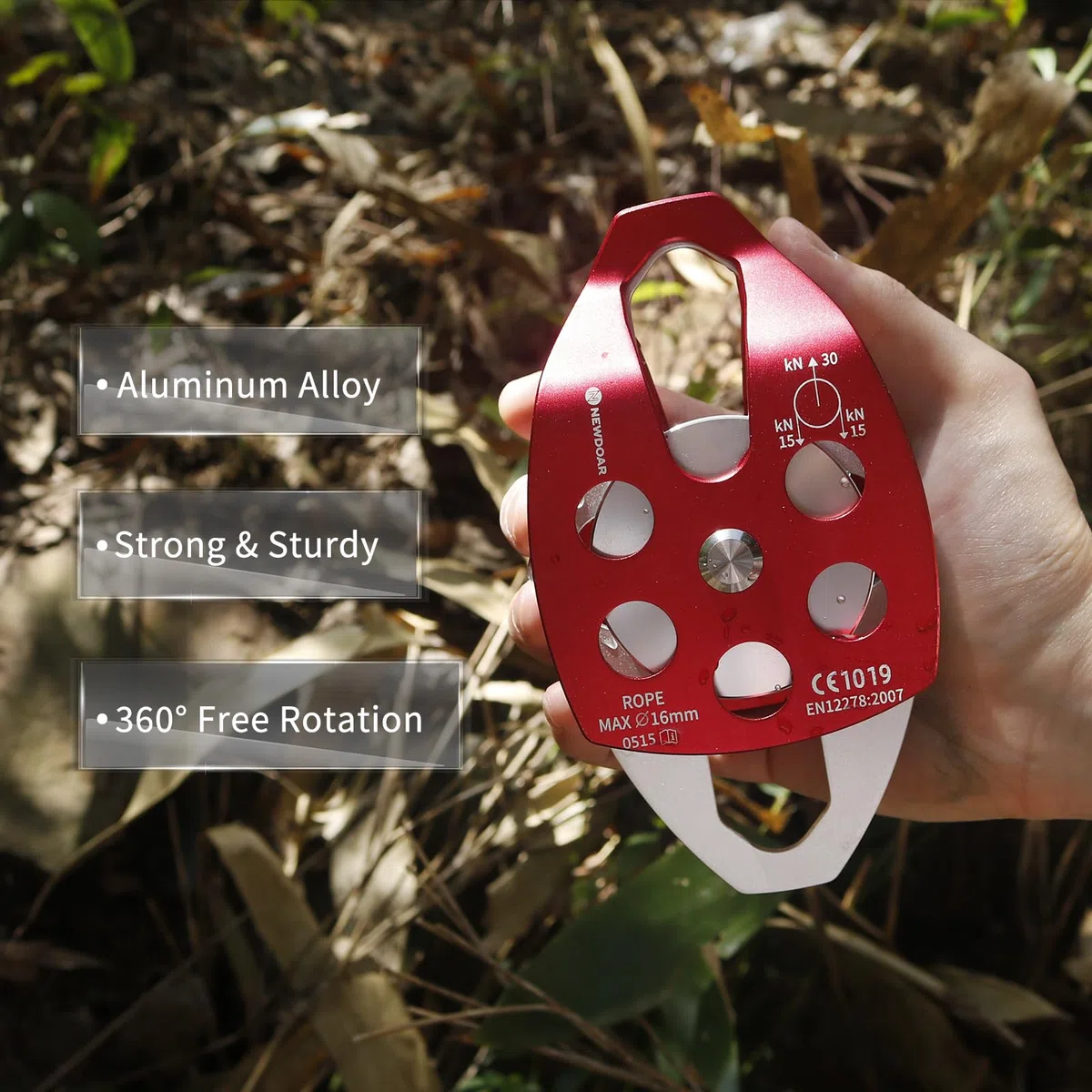 NewDoar Polea de rescate grande con certificado CE de 30 KN, doble polea con placa oscilante para alpinismo al aire libre, rescate de escalada en roca (rojo, 1 unidad)