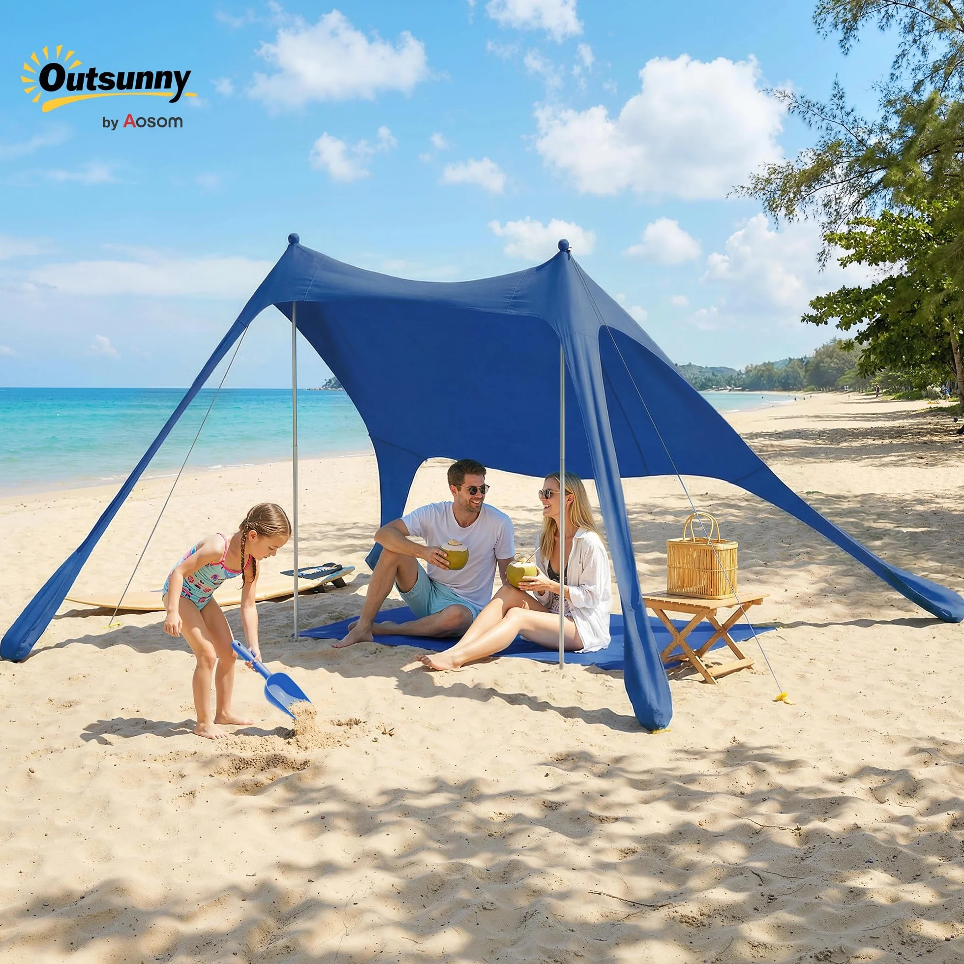 Outsunny Carpa Playa Plegable 208x200 cm, Toldo Playa Portátil para 2-4 Personas con Esterilla, UPF50+, Postes de Aluminio, Pala, Estacas y Bolsa de Transporte Impermeable, para Camping, Pesca, Azul