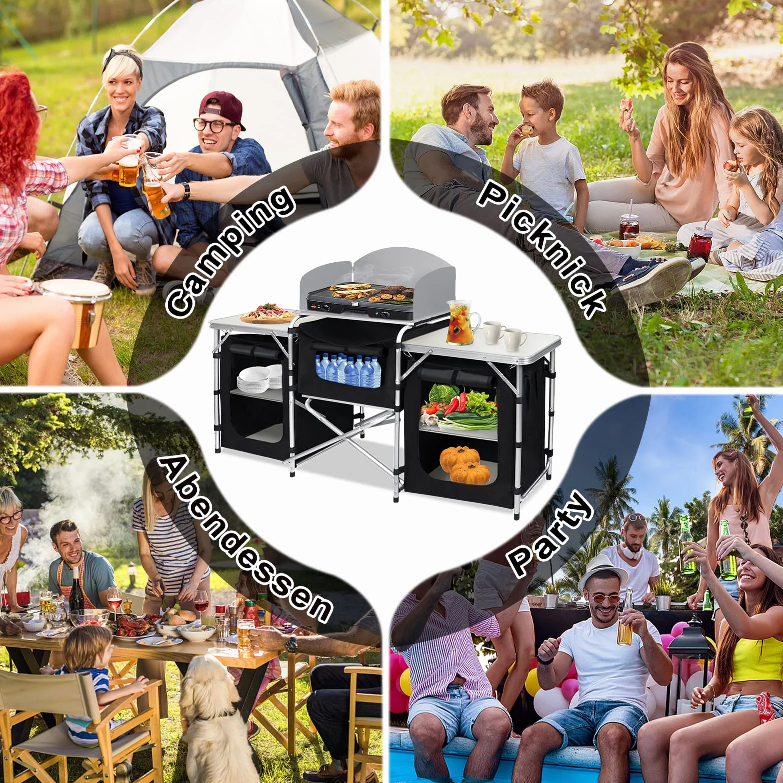 Cocina de Camping Armario de Camping Plegable con Estructura de Aluminio Compartimentos de Almacenamiento Cocina al Aire Libre, Incluye Bolsa de Transporte