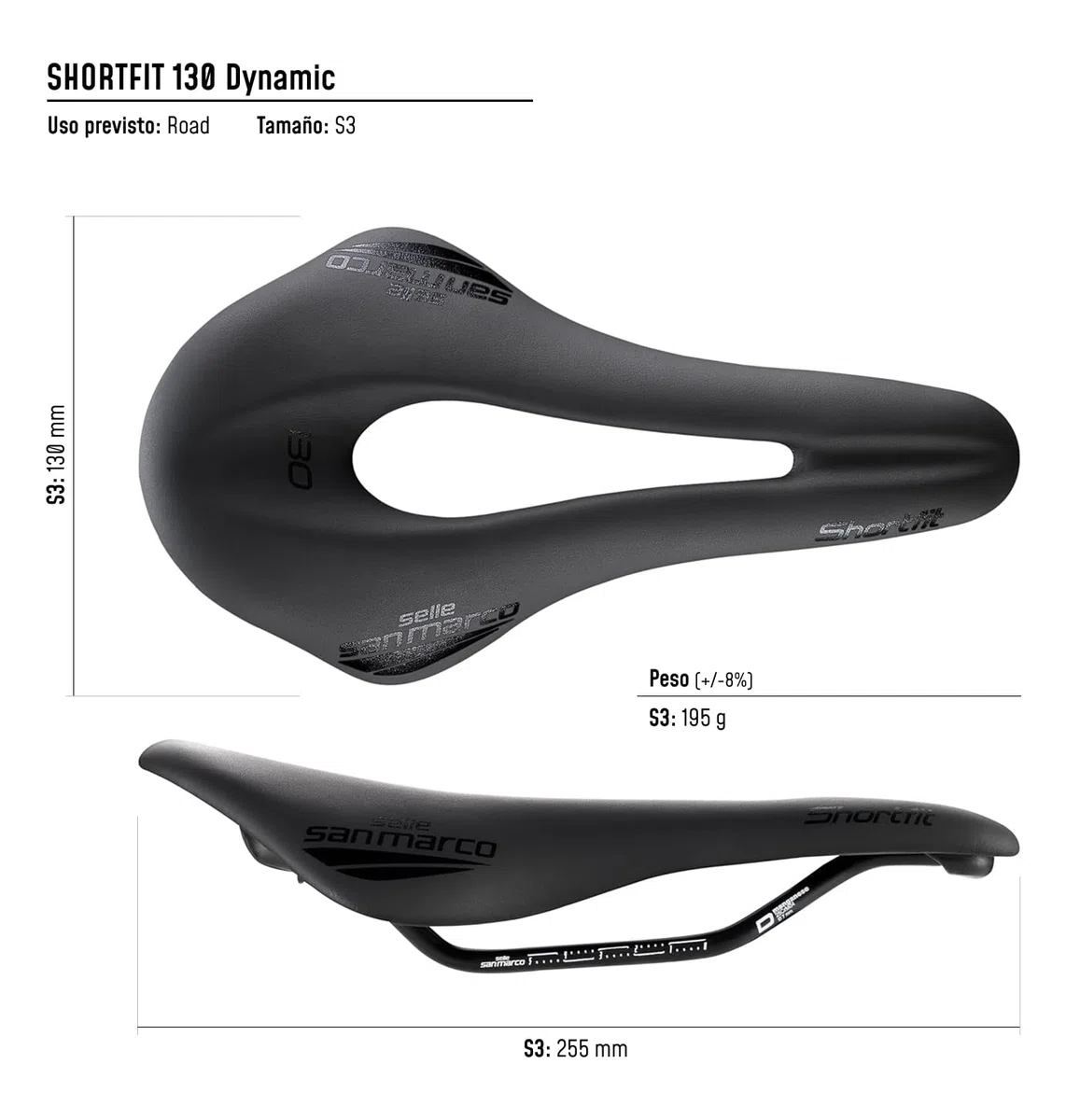 Selle San Marco SHORTFIT 130 - Sillín de Bicicleta de Carretera Corto y Ergonómico con Hueco Central - Talla S3, Negro