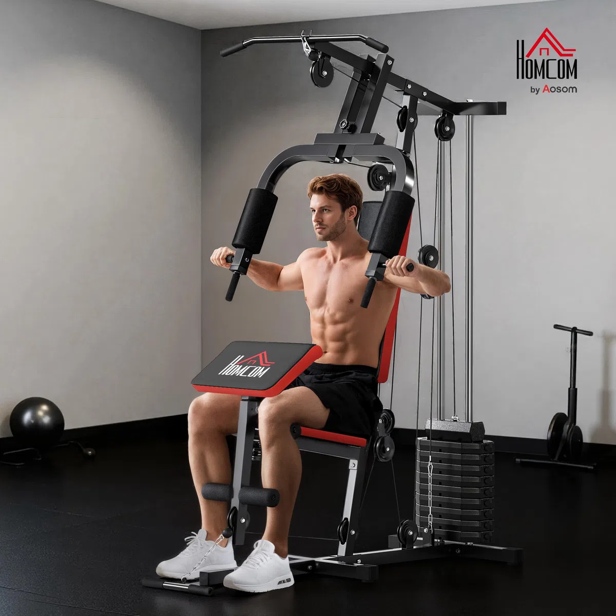 HOMCOM Multiestación Musculación, Máquina de Musculación con Prensa de Pecho, Placas de Peso 65 kg, Curl de Piernas y Brazos, Polea Mariposa, Carga 100 kg para Entrenamiento Casa Gimnasio