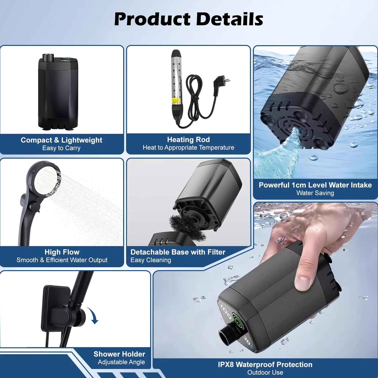 Ducha Portatil Agua Caliente, 6000 mAh Ducha Portatil Camping con Varilla Calefactora, Pantalla Digital Inteligente, Ducha Electrica para Acampar, Hacer Caminatas, Duchas para Perros