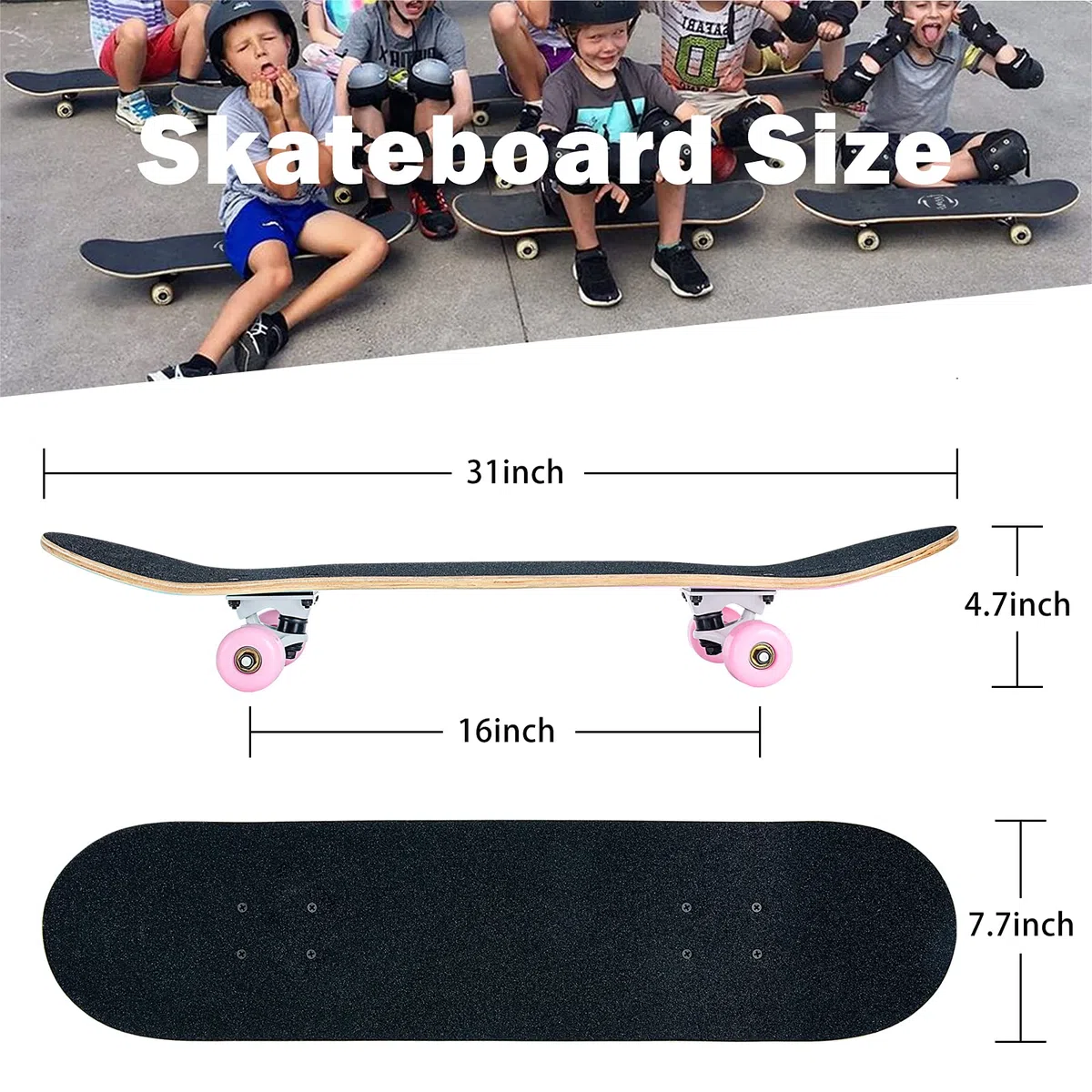 Monopatín Completo de 80 x 20 cm, Tabla de Madera de Arce 8 Capas Doble Golpe estándar para niños, Adolescentes, Adultos, Principiantes