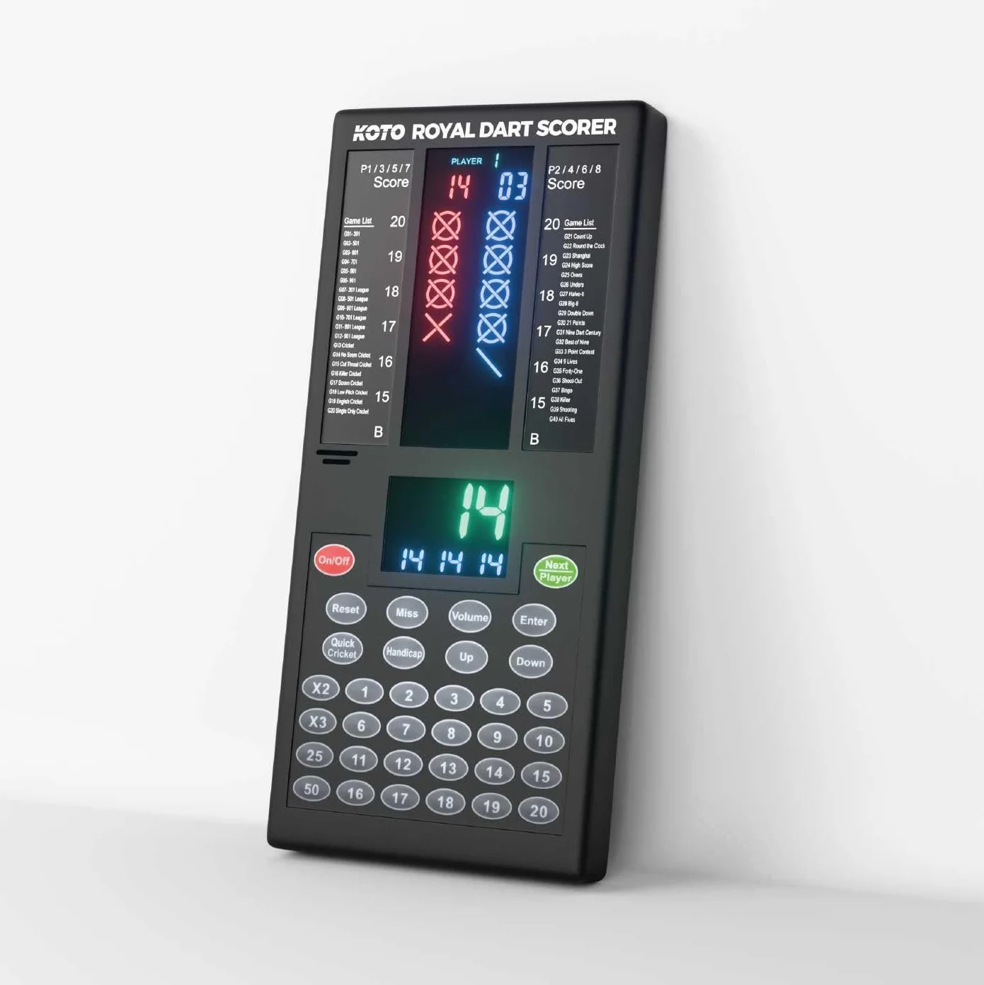 KOTO – Marcador de Dardos Electrónico con 40 Juegos, Pantalla de Puntuación, Apto para 8 Jugadores, Incluye Fijación a la Pared, Funciona con Pilas