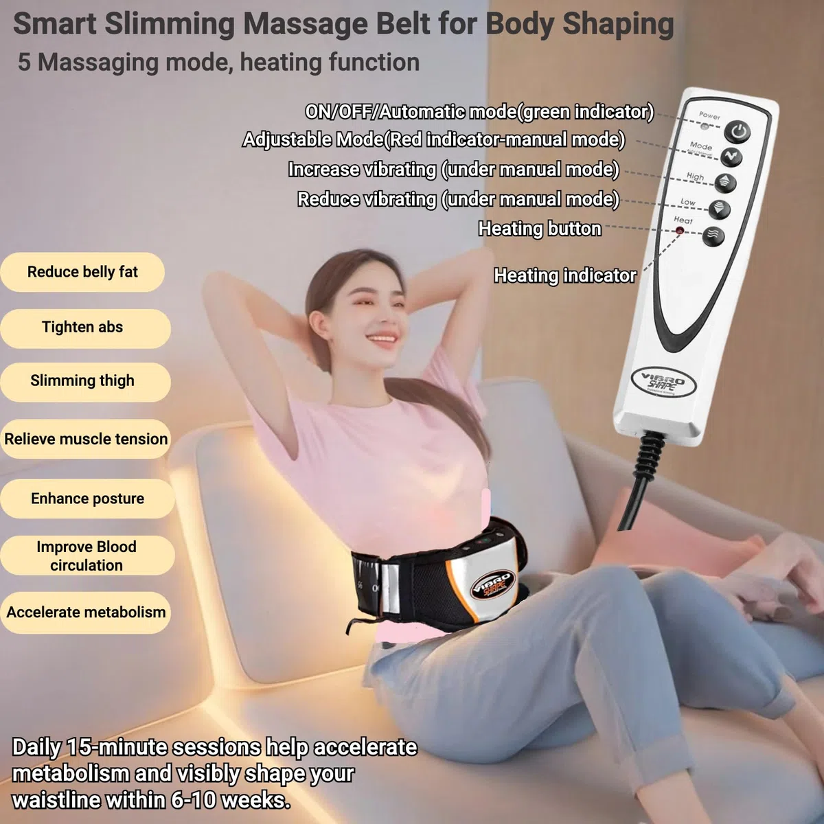 Cinturón de Masaje y Adelgazamiento con 5-Modo Cinturón Ajustable de 120cm para Tonificar Abdominales con Calor,Entrenador Muscular para Quemar Grasa Abdominal,Equipo de Fitness para Casa/Oficina para