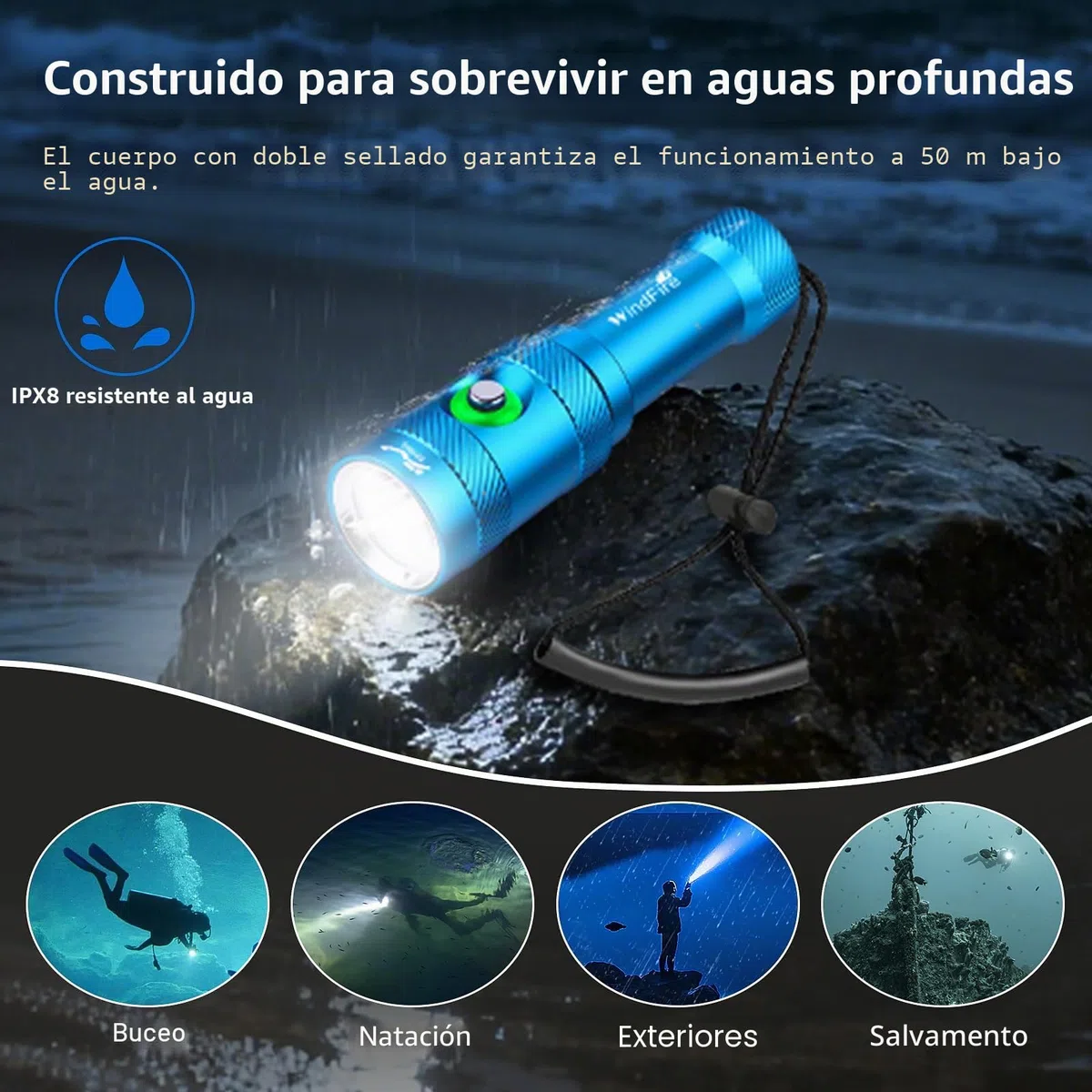 WINDFIRE Linternas de buceo, IPX8 impermeable profesional recargable luz de buceo, linterna submarinismo