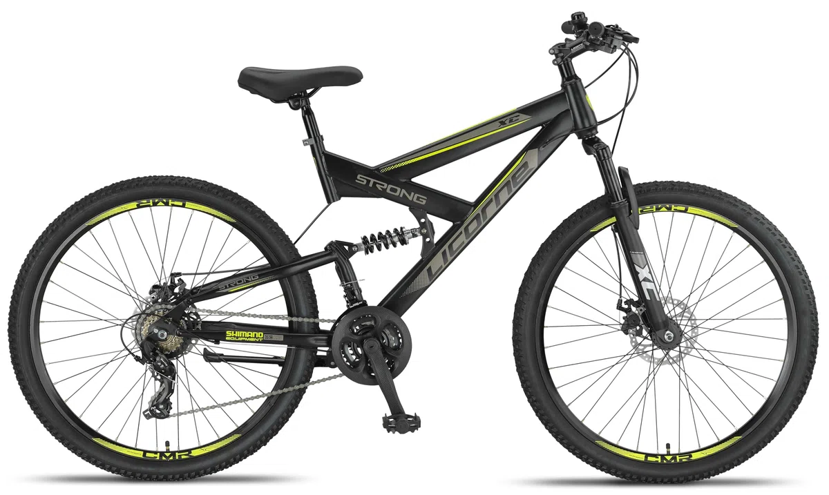 Licorne Bike Bicicleta de montaña Strong 2D, para niños, niñas, mujeres y hombres, freno de disco delantero y trasero, 21 velocidades, suspensión completa, negro/lima, 27,5 pulgadas