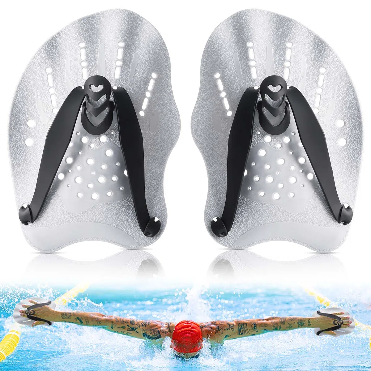 WuGU Palas Natacion, Pala de Mano para Piscina con Correas Ajustables, Paletas de Natación para Adultos Unisex, Pala de Entrenamiento de Natación Profesional para Adultos Niño Unisex(Plata)