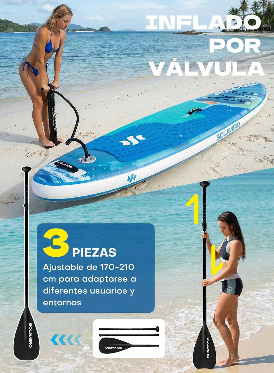 SOLAVERO Tabla Paddle Surf Hinchable, 335 x 83 x 15 cm Sup con Antideslizante EVA Deck, Paleta Ajustable, Soporte para Cámara, Quillas, para Todos los Niveles de Habilidad, hasta 200 kg