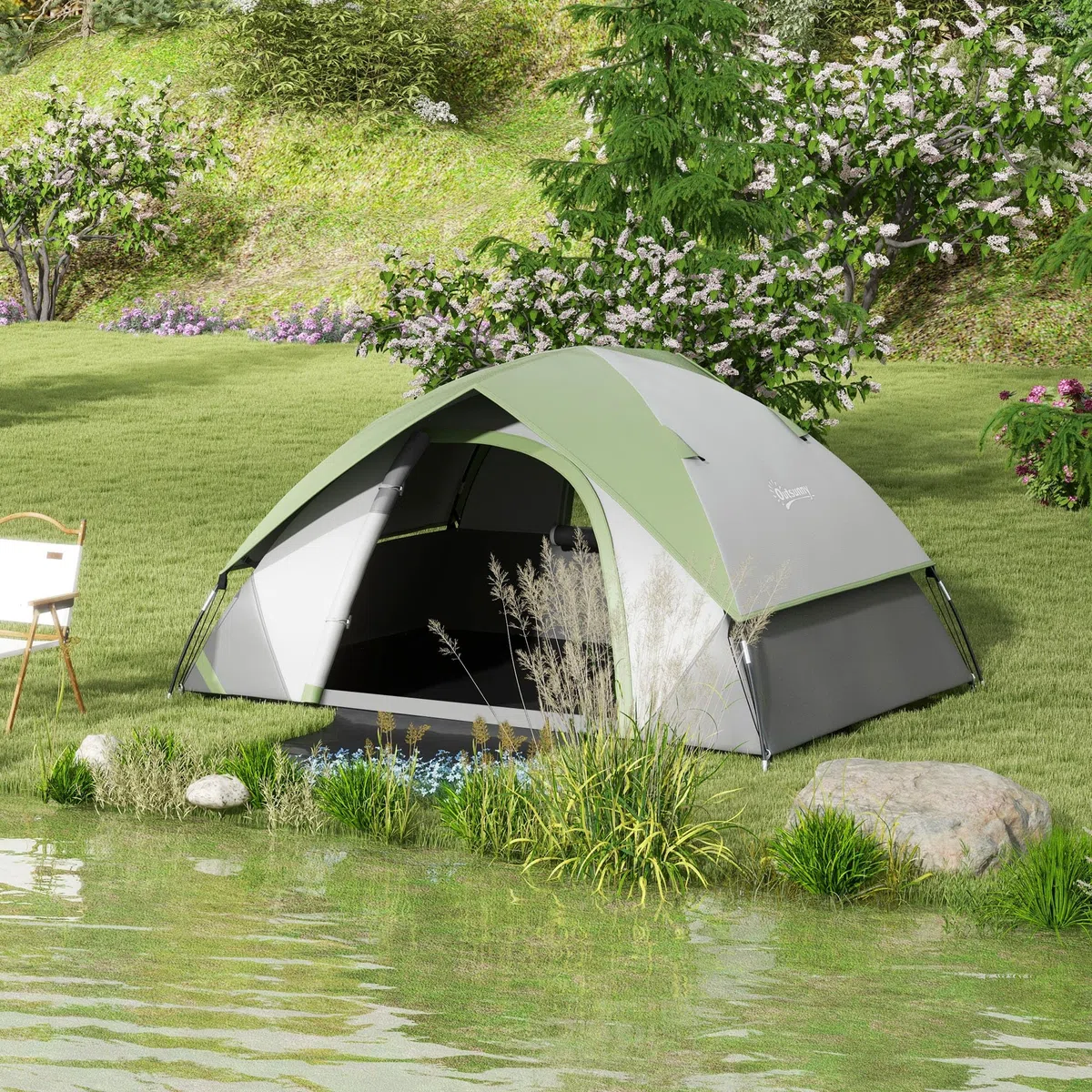 Outsunny Tienda de Campaña para 2 Personas Tienda de Camping Plegable Ligero con Ventana y Bolsa de Transporte Impermeable 3000 mm 210x150x110 cm Gris y Verde