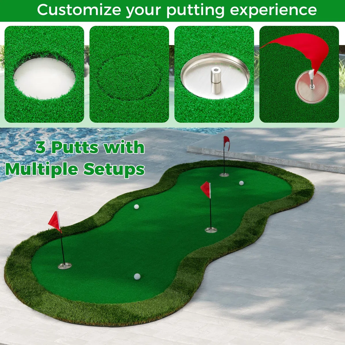 LIFEZEAL Alfombra de Practica de Golf Profesional 150x300 cm con 3 Hoyos y Pelotas Tapete de Putt para Interior y Exterior en Casa Oficina Patio