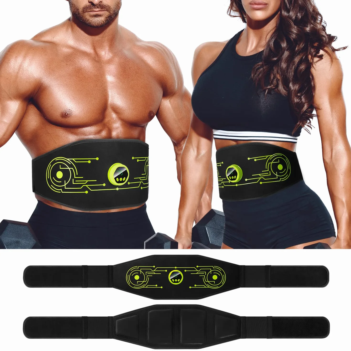 EMS Electroestimulador Muscular, Abdominales Electroestimulacion, Abdominales Cinturón, Masajeador Eléctrico Cinturón, 6 Modos y 15 Niveles de Intensidad (Hombres/Mujeres) - Verde