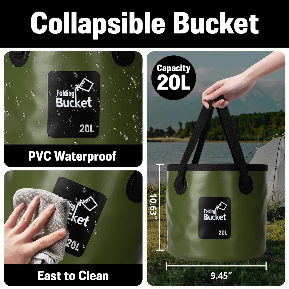 Cubo Plegable de 5.3 galones con asa, contenedor portátil Plegable para almacenar Agua en campamentos, Ideal para Viajes, Senderismo, Pesca, Lavado de Autos, jardinería y Camping