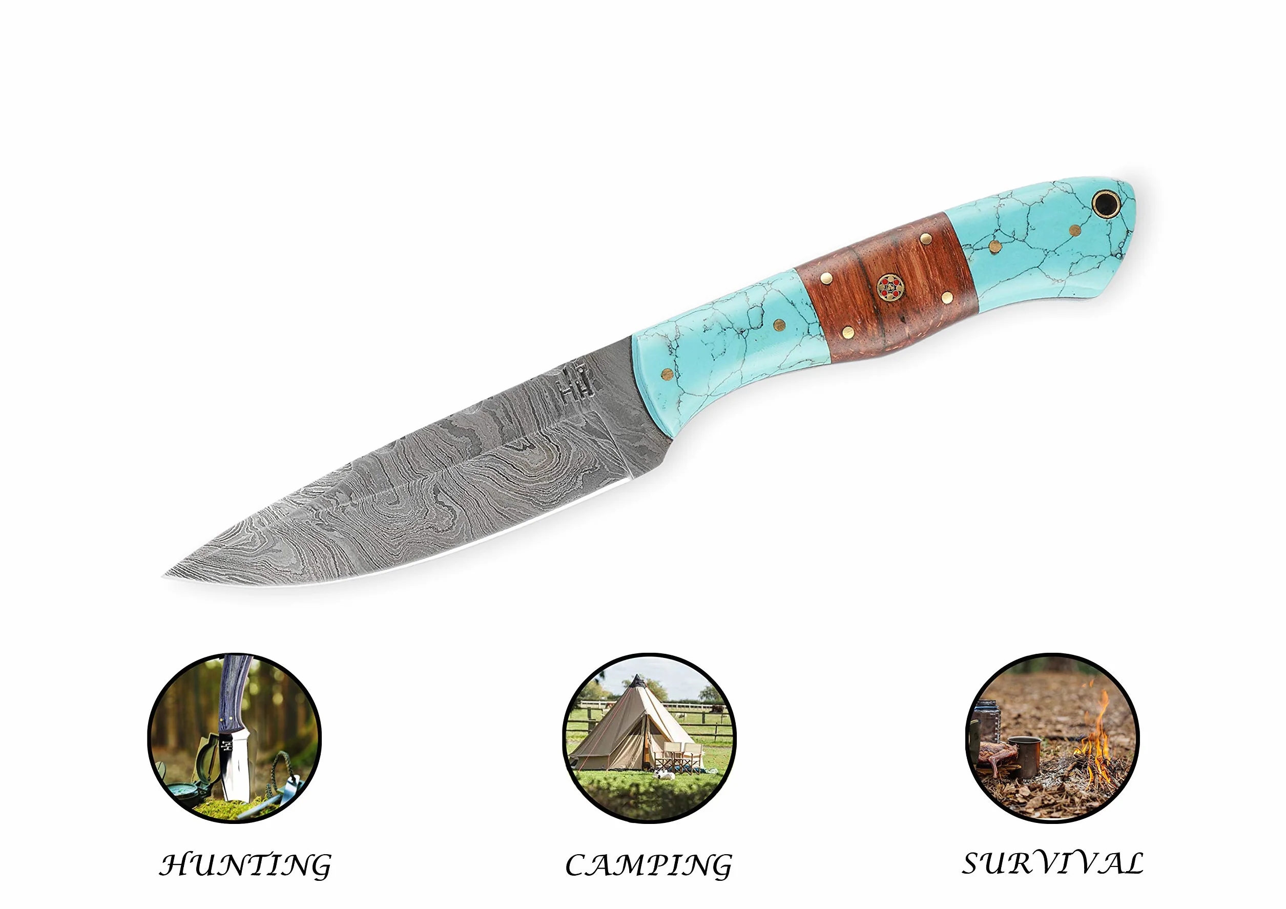 Hobby Hut HH-409, Cuchillo de Acero de Damasco Bushcraft Hecho a Mano de 9.5 Pulgadas | Cuchillo de Caza, Mango de Madera y Turquesa | Funda de Cuero | Espiga Completa, Hoja Fija