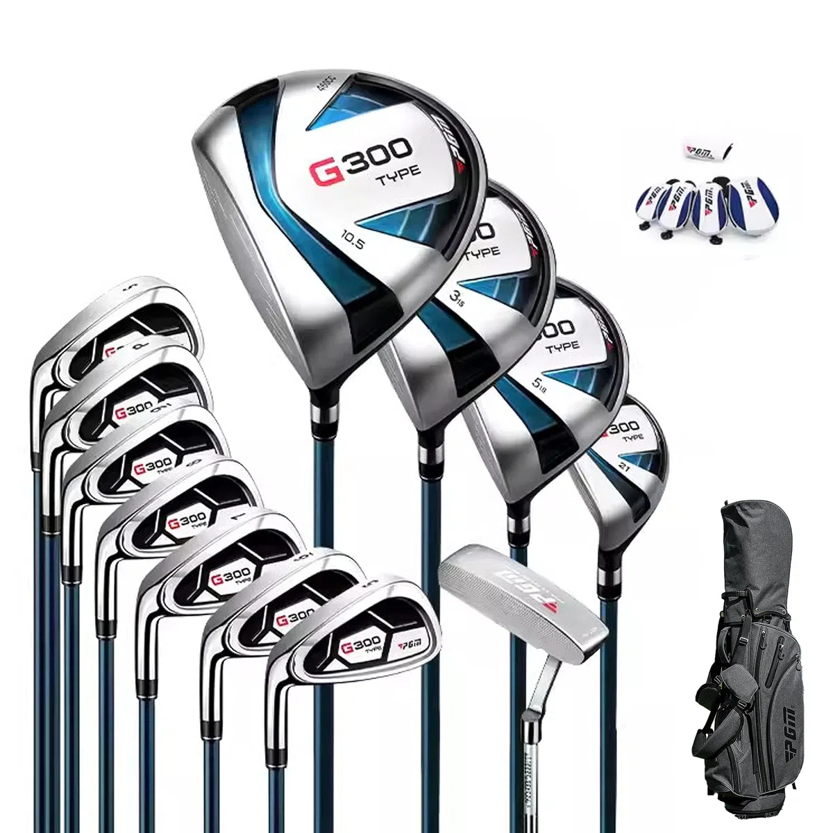 PGM Juego completo de palos de golf para hombre G300 - Driver #1 de titanio, híbrido con sesgo de tiro, juego de hierros de alta resistencia, putter de alto perdón, con bolsa de soporte (para zurdos