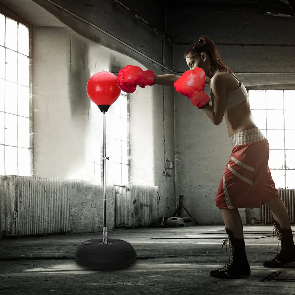 Set de Boxeo de pie para Adultos, con Guantes, Punching, Altura Ajustable 120-150 cm, Color Rojo, Adecuado para el Uso Profesional en el Gimnasio y en casa