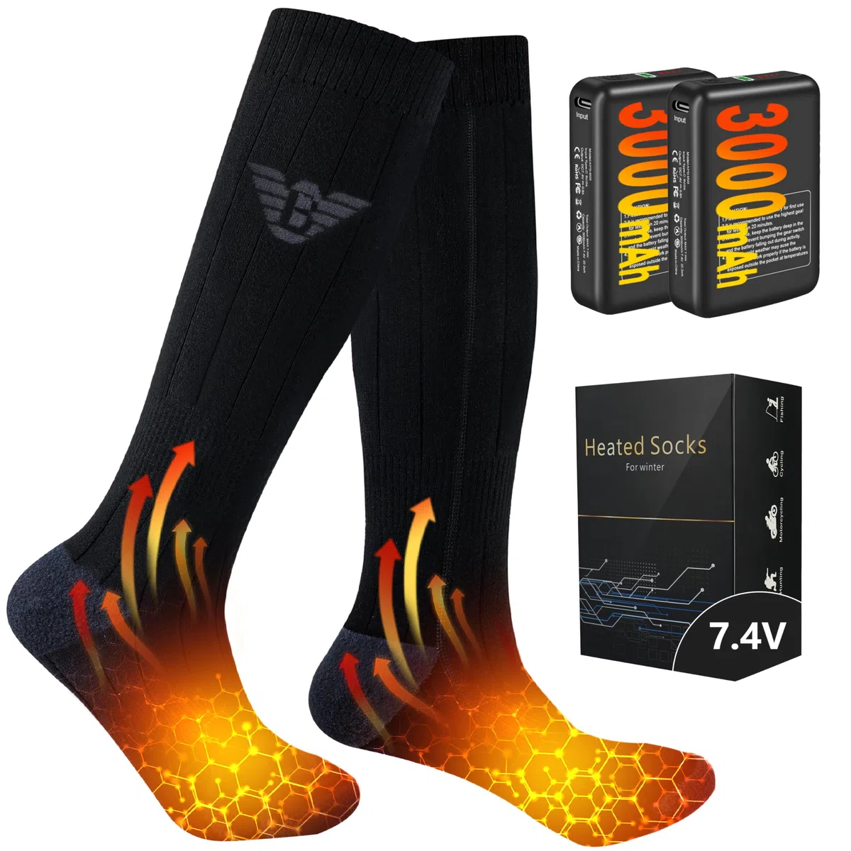 Calcetines Calefactables Hombres Mujeres - 7.4V 3000mAh Calcetines Electricos Calefactables, ​para Esquiar Acampar Pescar