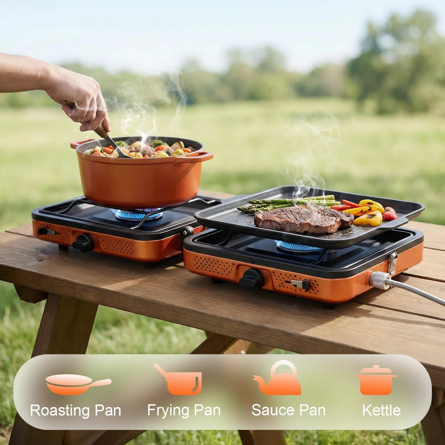 Hornillo portátil de 2 quemadores, 4400 W, potente hornillo de gas para cocinar al aire libre, estufa de camping plegable con encendido para mochileros, picnics, viajes